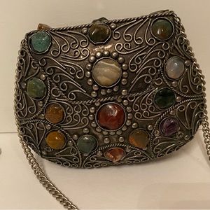 SAJAI VINTAGE MINI SILVER TONE METAL BAG AGATE ENCRUSTED GEMSTONES LONG CHAIN